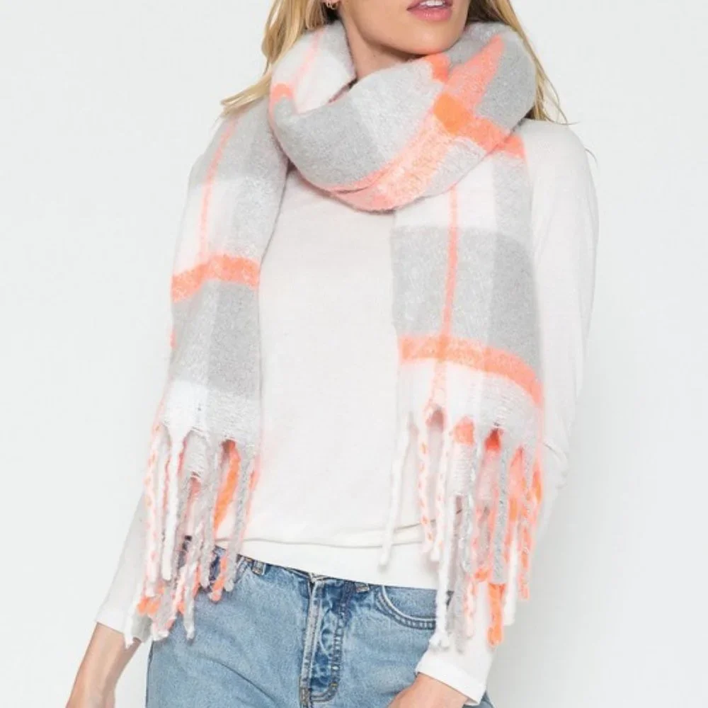 Gray, Orange & Ivory Plaid Scarf with Whimsical Fringe - Picture 5 of 8